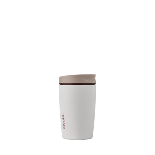 Owala SmoothSip Slider Insulated Stainless Steel Coffee Tumbler, Reusable Iced Coffee Cup, Hot Coffee Travel Mug, BPA Free 12 oz, Tan/White (Vanilla Bean)