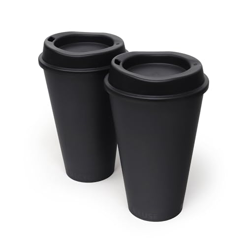 Rolling Sands USA Made 16 oz Reusable Coffee Cups with Lids 2 Pk, To Go Travel Cups, Hot or Cold Drinks, Dishwasher and Microwave Safe, Black