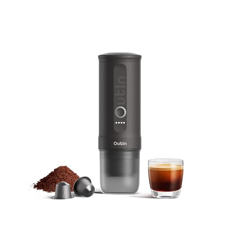 OutIn Nano Portable Electric Espresso Machine, Travel Coffee Maker for Camping, Car Coffee Maker Self-Heating with USB-C, With Ground Coffee & NS Capsule for RV, Hiking, Office