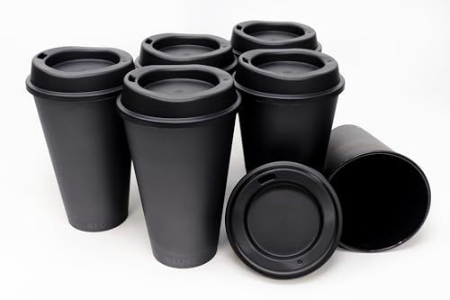 Rolling Sands USA Made 16 oz Reusable Coffee Cups with Lids 6 Pk, To Go Travel Cups, Hot or Cold Drinks, Dishwasher and Microwave Safe, Black