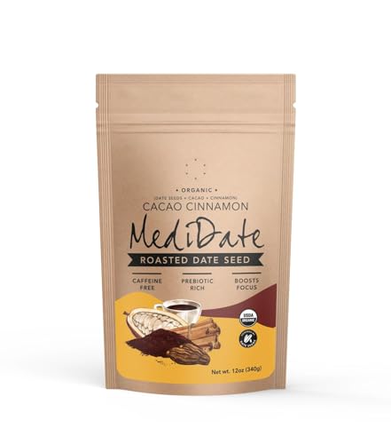 MEDIDATE Coffee Alternative - Roasted Date Seeds + Cacao + Cinnamon - Naturally Occurring Prebiotics | Polyphenols | Caffeine & Acid Free (12 oz. / 25 Servings)