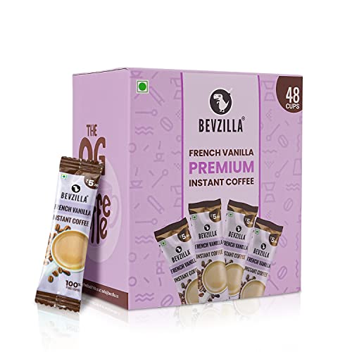 Bevzilla 48 Instant Coffee Powder Sachets (French Vanilla) - 96 Grams| Hot & Cold Coffee| Makes 48 Cups| 100% Arabica Coffee| Strong Coffee| Easy To Carry| Best Coffee| Espresso, Latte, Cappuccino