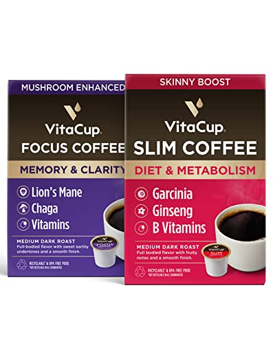 VitaCup Focus & Slim Coffee Pods, Boost Focus & Immunity w/Lions Mane, Chaga, B Vitamins, D3 16CT | Boost Diet & Metabolism with Ginseng, Garcinia, B Vitamins 16ct