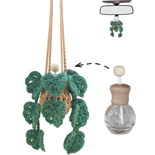 Cute Crochet Car Plant Monstera Essential Oil Diffuser Bottle - 12ml Refillable, Green Car Accessory for Mirror Decor and Home Decor