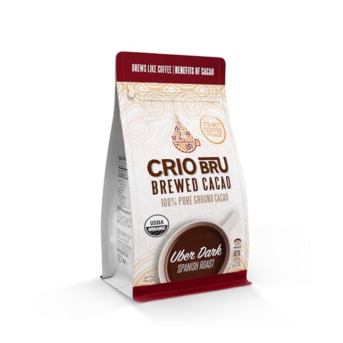 Crio Bru Brewed Cacao Uber Dark Spanish Roast 10oz Bag - Coffee Alternative Natural Healthy Drink | 100% Pure Ground Cacao Beans | 99.99% Caffeine Free, Keto, Low Carb, Paleo, , Organic Brew And Enjoy Hot or Iced