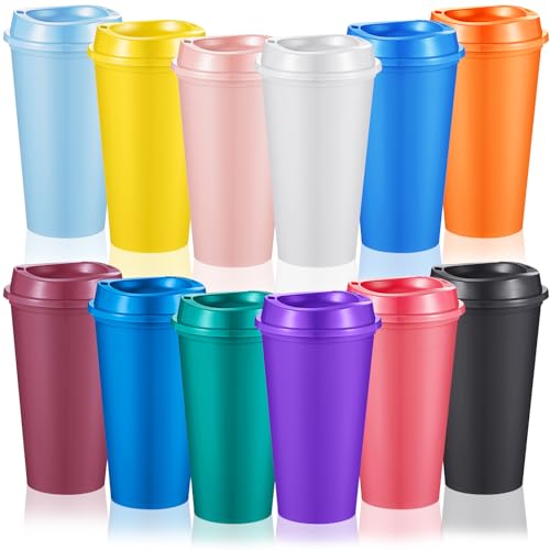 FillTouch 12 Pcs Reusable Coffee Cups with Lids 16 oz Travel Hot Cups Microwavable Plastic Tumblers Coffee Mugs for Hot and Cold Drinks(Bright Colors,12 Pcs)