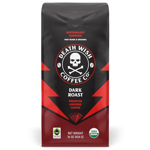 Death Wish Coffee, Organic and Fair Trade Dark Roast Ground Coffee, 16 oz
