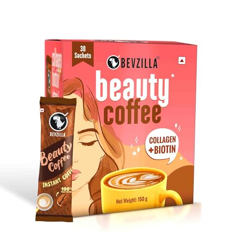 Bevzilla 30 Instant Beauty Coffee Infused with Marine Collagen, Biotin & Vitamin E Powder Sachets (30 X 5 Gram Sachets) Makes 30 Cups | 100% Arabica Coffee | Strong & Easy to Carry | Best for