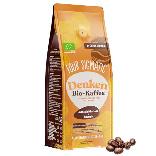 Dark Roast Organic Whole Bean Coffee by Four Sigmatic | Fair Trade Coffee Beans Coated with Lion's Mane, Chaga Mushrooms | Nootropic Mushroom Coffee for Enhanced Brain Function & Immune Support | 12oz