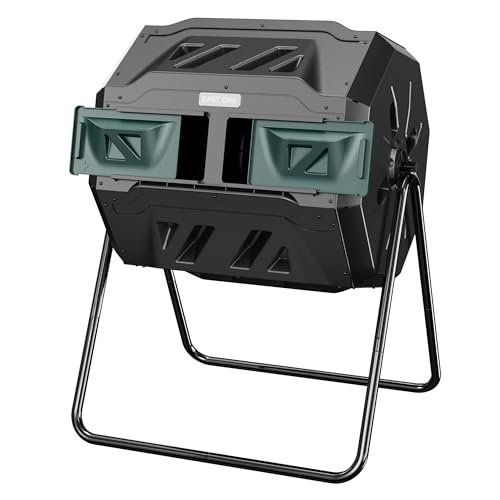 EAST OAK Compost Tumbler Outdoor, 43-Gal Dual Chamber Compost Bin with 2 Sliding Door and Aeration System, Tumbling Rotating Composter Bin for Kitchen, Garden, Yard