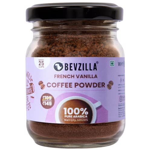 Bevzilla Instant Coffee Powder French Vanilla Flavour - 50 Grams | Pure Arabica Beans | Hot & Cold Coffee | Makes 25 Cups of Coffee