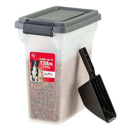 IRIS USA Dog Food Storage Container, Airtight Lid, 2-Cup Scoop, Up to 13 Pounds Pet Food Storage, Versatile Pet Food Bin, Treats, BPA Free, Dark Gray