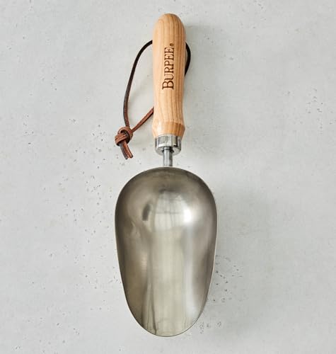 Burpee 15' Stainless Steel Soil Scoop | Durable Long Lasting Garden Tool | Leather Wrist Strap 5' Handle, Oak