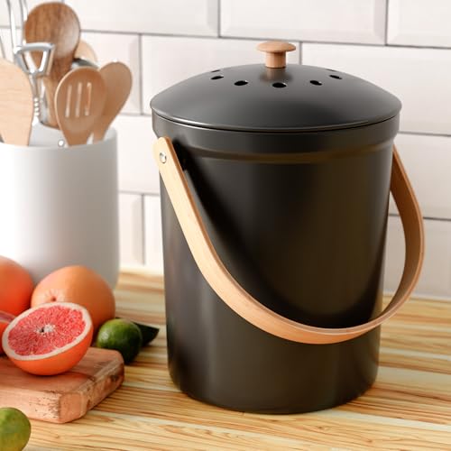 Beautiful Kitchen Compost Bin with Smell Proof Lid - Rust Proof and Odorless Compost Bucket for Your Countertop with No Smell Filters - Easy to Clean 1.1 Gallon Bin Looks Great On Any Kitchen Counter