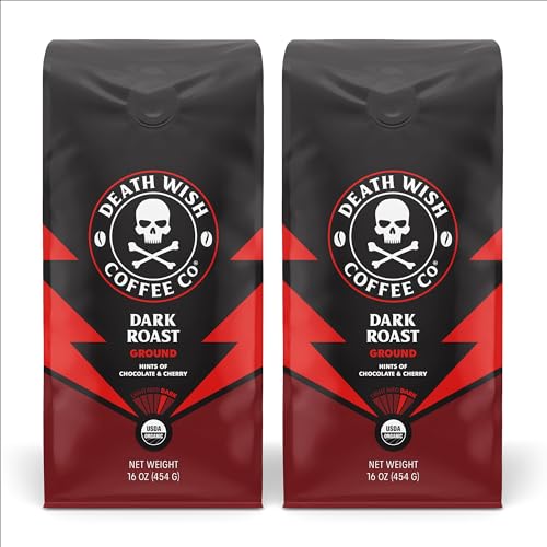 Death Wish Coffee Dark Roast Grounds -16 Oz, 2 Packs of Bold & Intense Blend of Arabica & Robusta Beans - USDA Organic Ground Coffee - Pack of 2