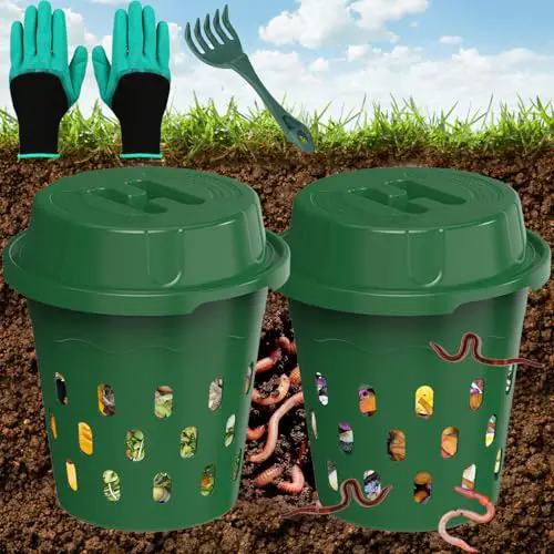 TOP XIAN 2-Pack Inground Worm Composter, Outdoor Worm Compost Bin for Garden Beds & Home Use, Vermicomposting Bin for Beginners (9.5x9.5x10.8Inch), Green