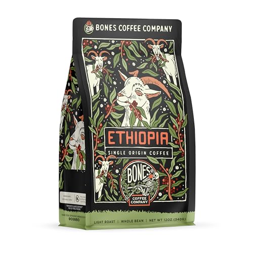 Bones Coffee Company Ethiopia Single-Origin Coffee Citrus, Floral, Berries Notes, Medium Roast Gourmet Coffee, 12 Oz Whole Bean