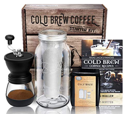 Cold Brew Coffee Maker Starter Kit - Half Gal Mason Jar, Stainless Filter Basket, Ceramic Burr Grinder, Half Pound Certified Organic Whole Bean Cold Brew Blend, and Recipe & Instruction Book