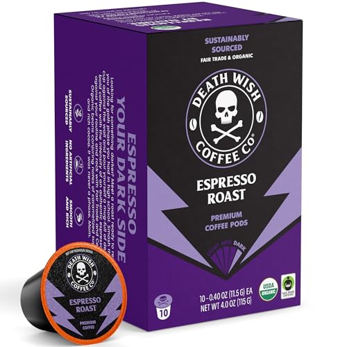 Death Wish Coffee Co. Espresso Roast Single Serve Coffee Pods - Fair Trade and Organic Coffee (10 Count)