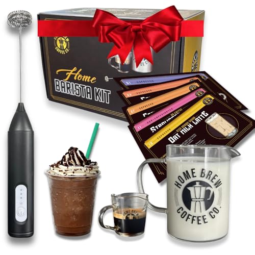 Fancy Coffee Drinks: Home Barista Kit for Coffee Bar; Coffee Gift Set - Lattes, Macchiatos, Frappes - Includes Premium Coffee Recipes, Rechargeable Frother Wand, Espresso Glass, Frothing Pitcher