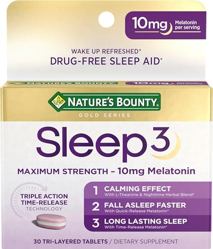 Melatonin by Nature's Bounty, Sleep3 Maximum Strength 100% Drug Free Sleep Aid, Dietary Supplement, L-Theanine & Nighttime Herbal Blend Time Release Technology, 10mg, 30 Tri-Layered Tablets