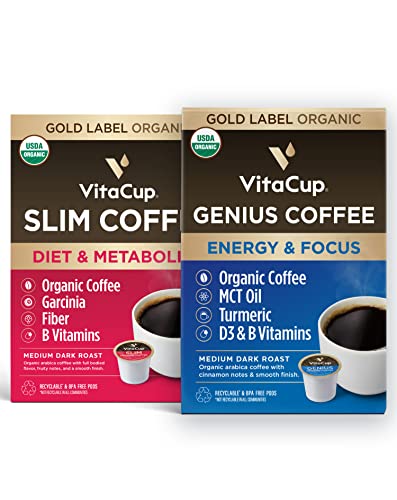 Vitacup Genius & Slim Coffee 32 Pod Bundle | Superfood & Vitamins B1, B5, B6, B9, B12 Infused | Variety Pack of (2) 16 Count Single Serve Pods Compatible with K-Cup Brewers
