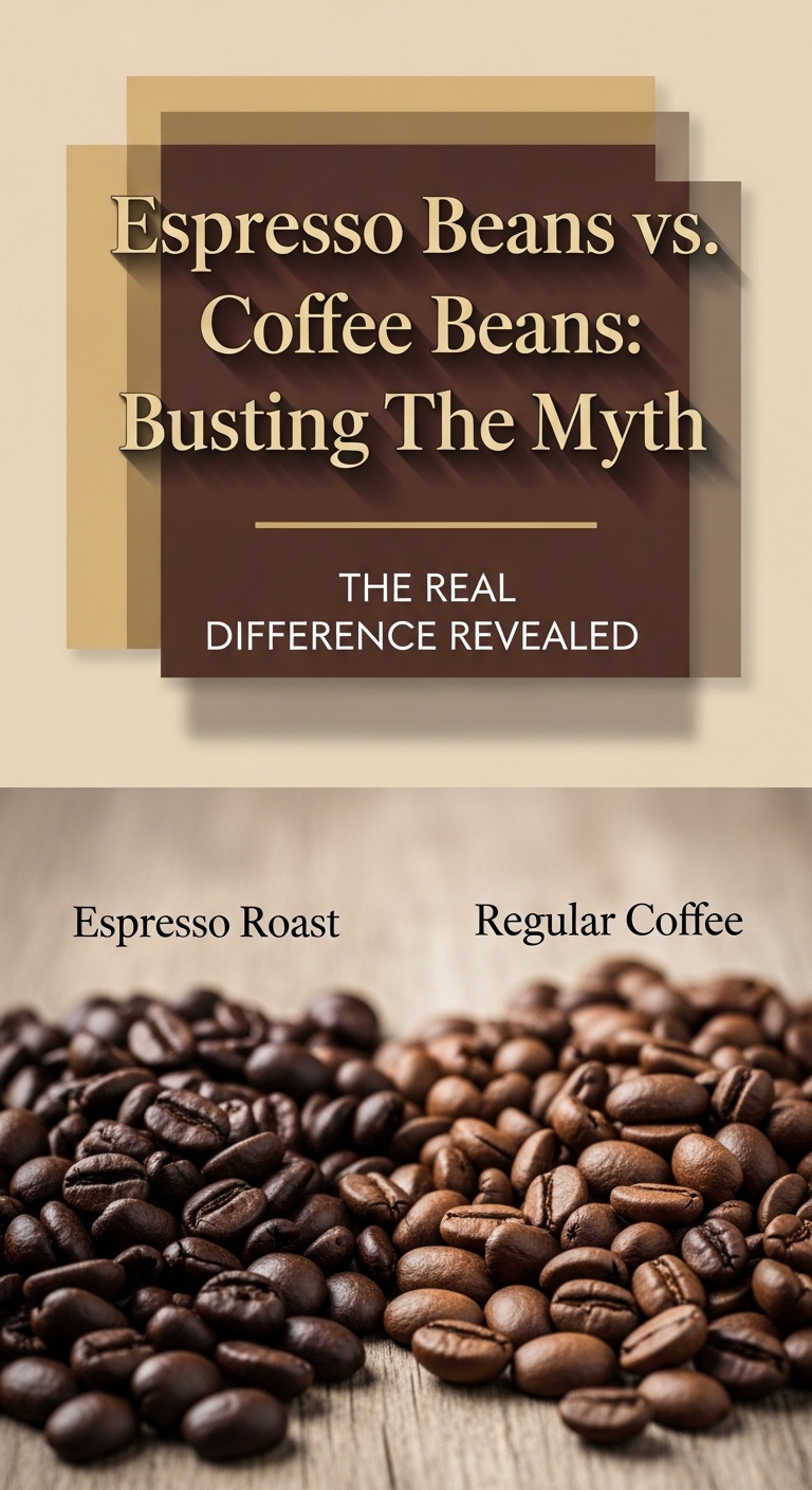 A collage of images showing different coffee beans and a cup of coffee, illustrating the topic of are espresso beans different from regular coffee beans
