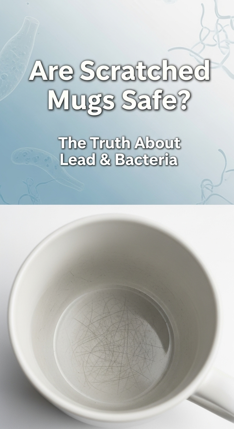 A close-up view looking into a white mug with numerous fine, dark strands at the bottom, an example of what makes scratched coffee mugs unsafe.