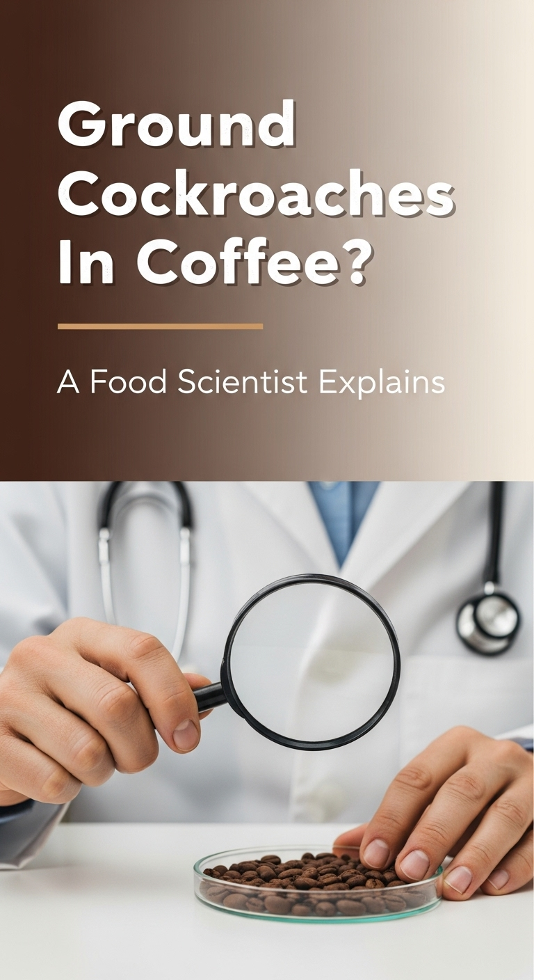 A close-up of coffee beans with text overlay asking if there are ground up cockroaches in coffee