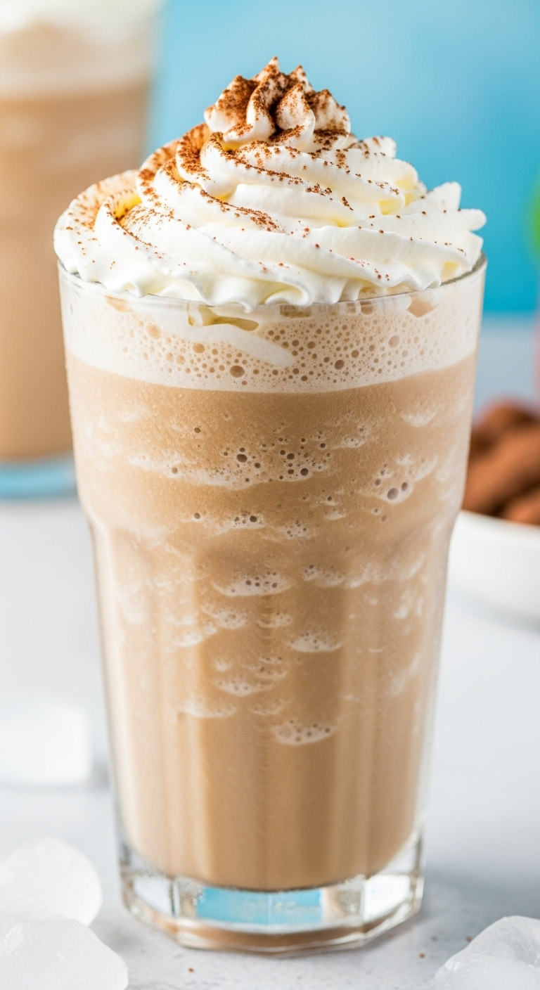 blended iced coffee frappe-style frothy whipped cream cocoa powder condensation summer vibe