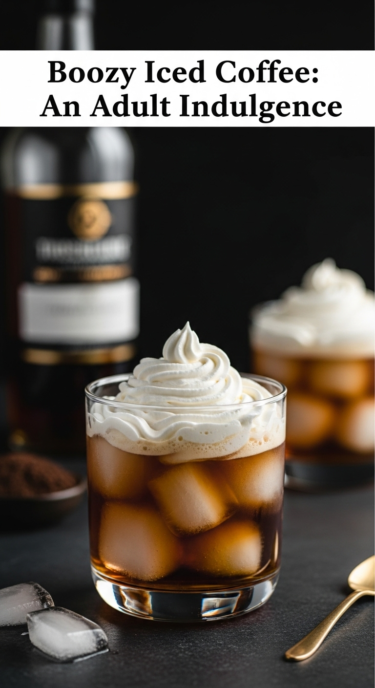 boozy iced coffee coffee liqueur whipped cream lowball glass elegant evening drink