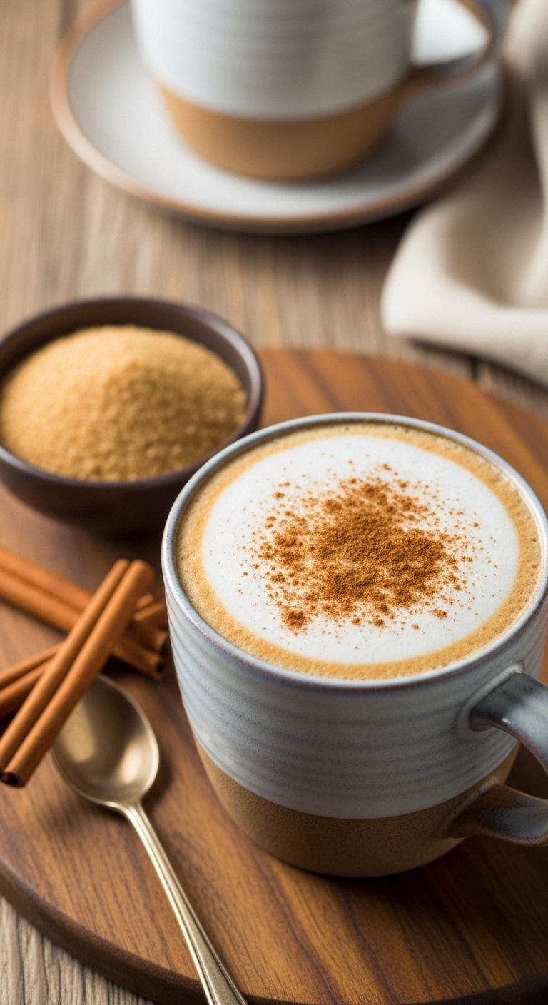 brown sugar cinnamon latte cozy fall coffee recipe frothed milk ground cinnamon brown sugar cinnamon sticks