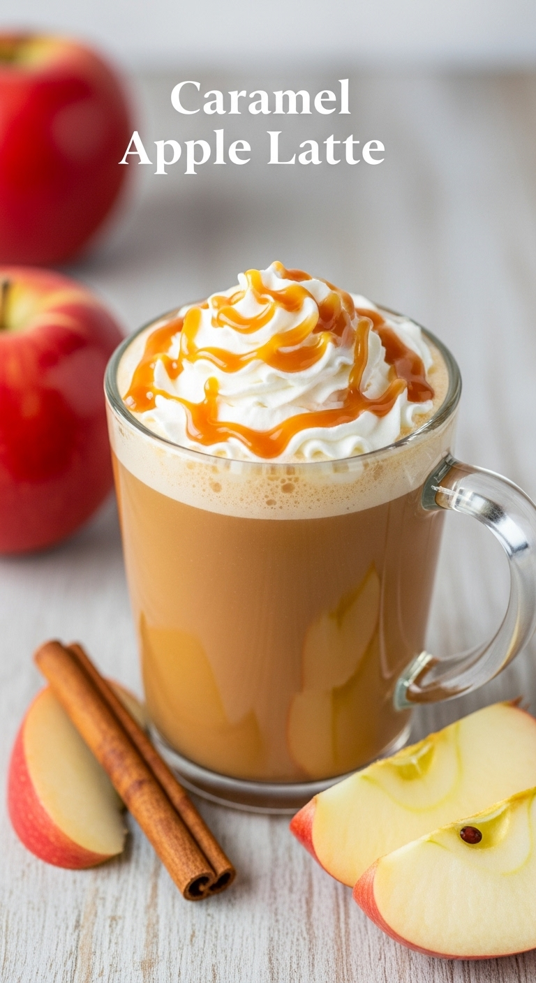 caramel apple latte cozy fall coffee recipe whipped cream caramel drizzle apple slices cinnamon stick
