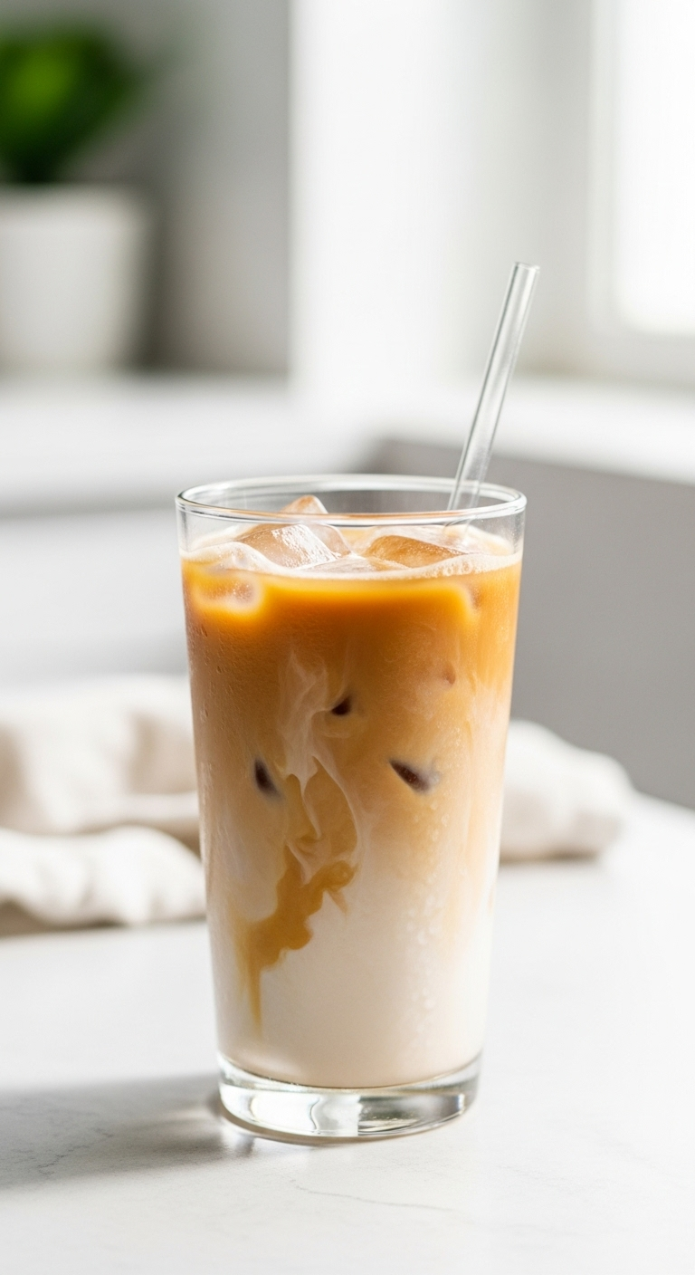 classic iced vanilla proffee protein coffee iced coffee straw condensation vanilla swirl minimalist kitchen