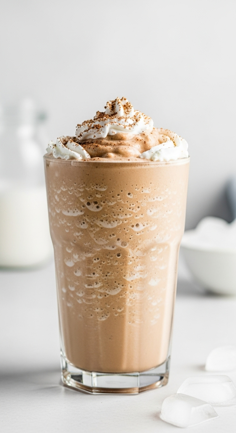 frappe-style protein coffee frothy blended coffee whipped cream cocoa syrup iced frappe