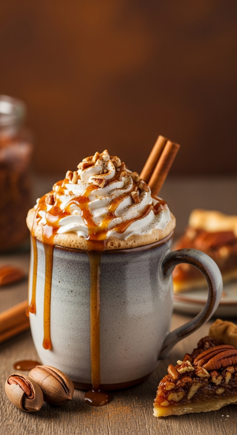 grandma's old-fashioned pecan pie latte cozy fall coffee recipe whipped cream pecan sauce chopped pecans pecan pie slice