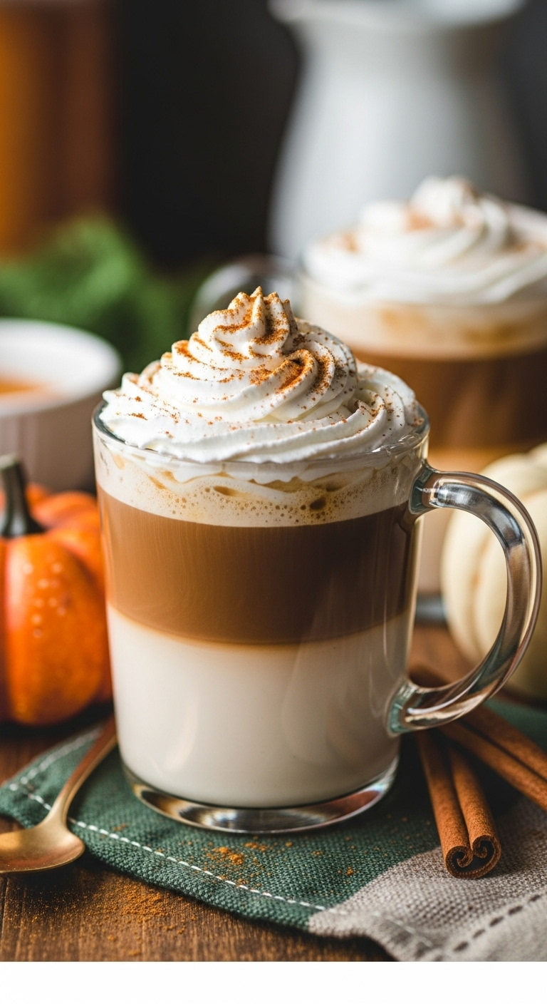 homemade pumpkin spice latte cozy fall coffee recipe clear glass mug whipped cream cinnamon sticks pumpkin