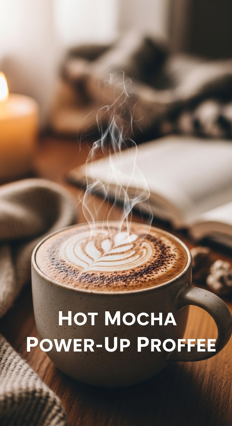 hot mocha power-up proffee protein coffee steaming mug frothed milk cocoa powder cozy blanket relaxed morning