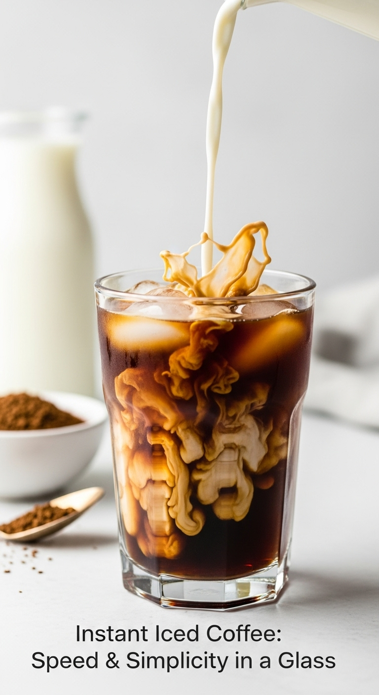 instant iced coffee quick preparation milk swirl coffee granules ice clear glass