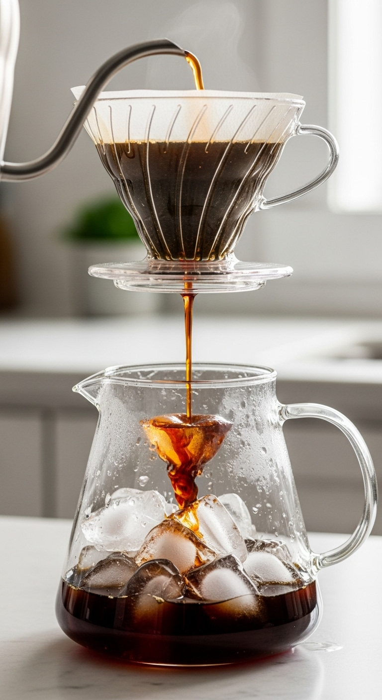 japanese-style flash-chilled iced coffee pour-over brewing ice mist minimalist kitchen
