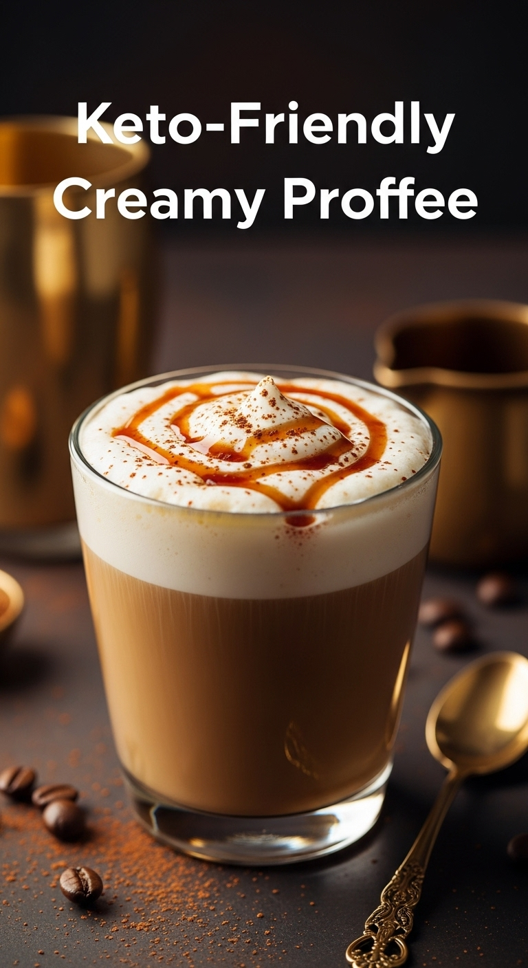 keto-friendly creamy proffee protein coffee frothy caramel syrup cocoa coffee beans elegant spoon