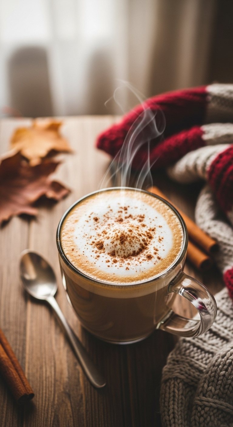 maple cinnamon latte cozy fall coffee recipe steaming mug rustic wooden table autumn leaves frothy milk cinnamon