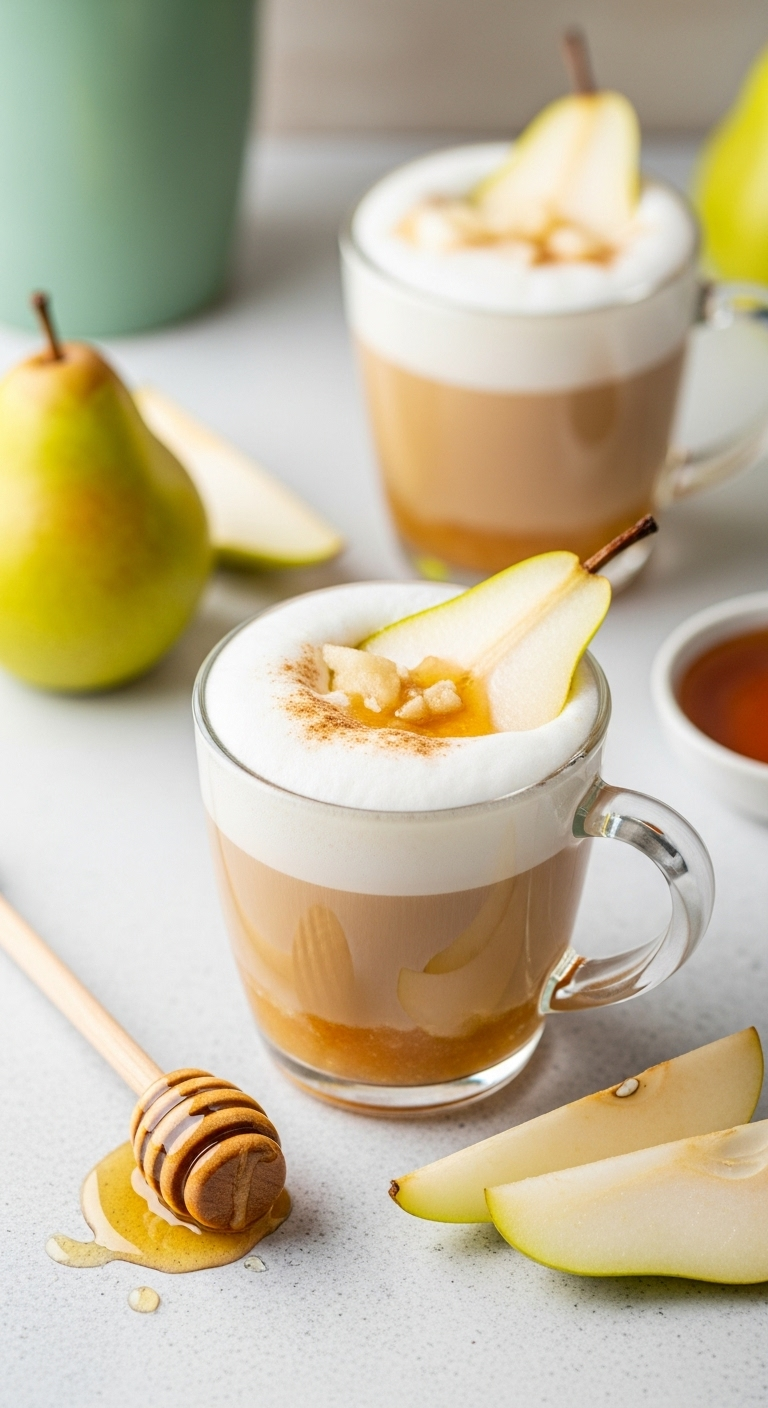 spiced pear and honey latte cozy fall coffee recipe pear puree frothed milk honey drizzle fresh pear slices honey dipper