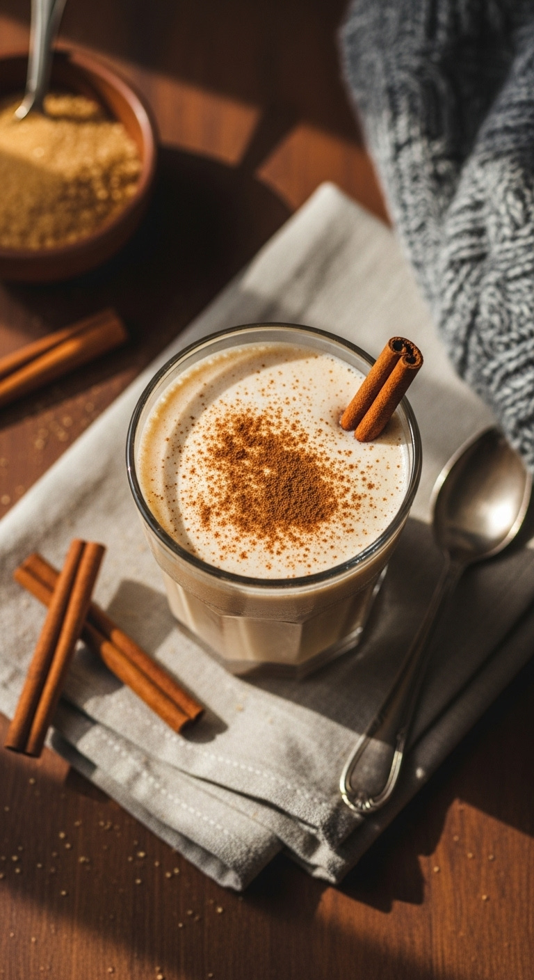 Brown sugar cinnamon iced coffee in a rustic glass with cinnamon stick and powder on a linen napkin and dark wood background