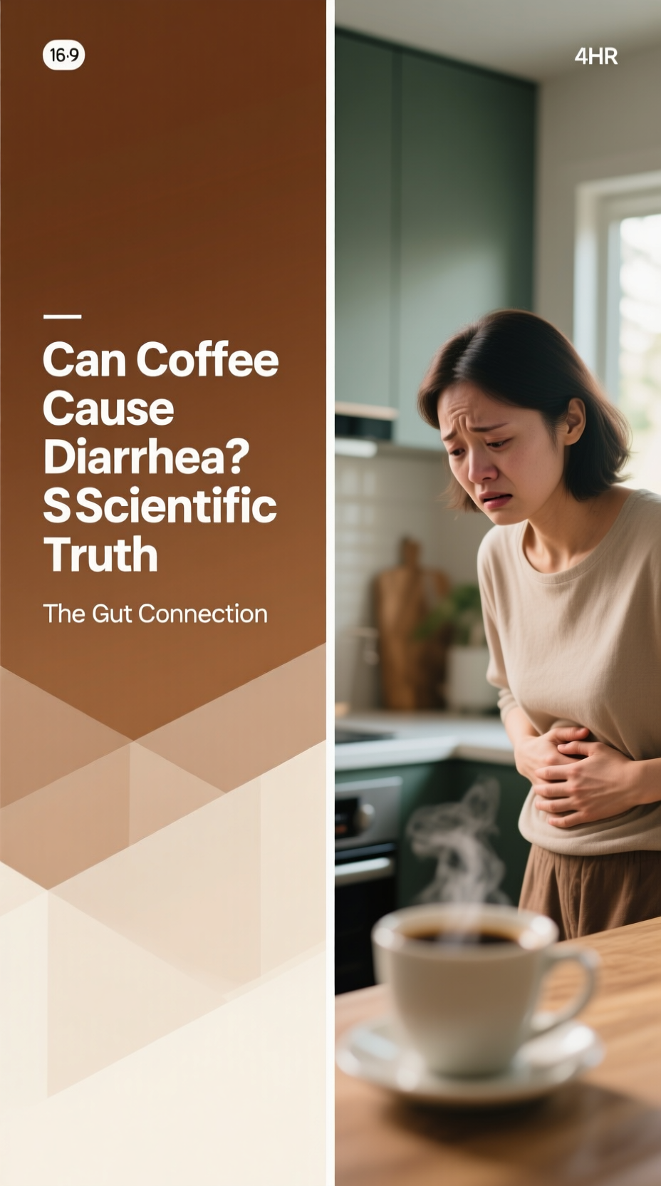 A person holding a cup of coffee while looking at their stomach, illustrating the connection between can coffee cause you to have diarrhea and digestive discomfort.