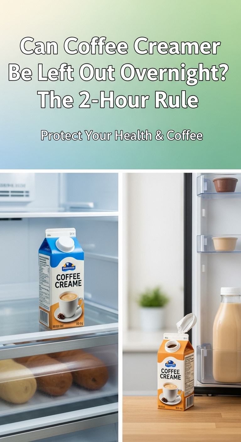 A bottle of liquid coffee creamer sitting on a kitchen counter next to a mug, illustrating the dilemma of if can coffee creamer be left out overnight.