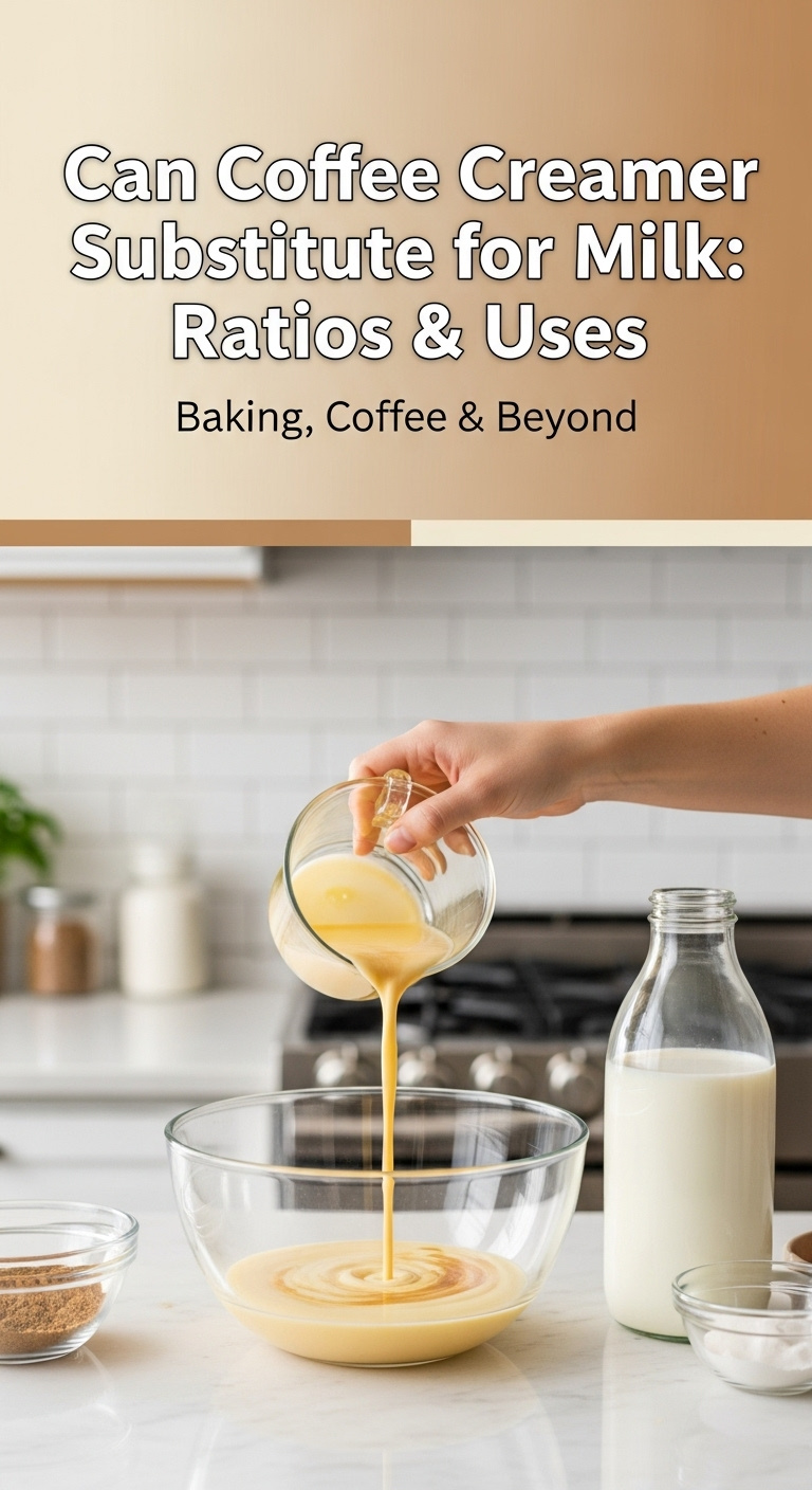 A bottle of coffee creamer next to a glass of milk with the text "can coffee creamer be a substitute for milk"