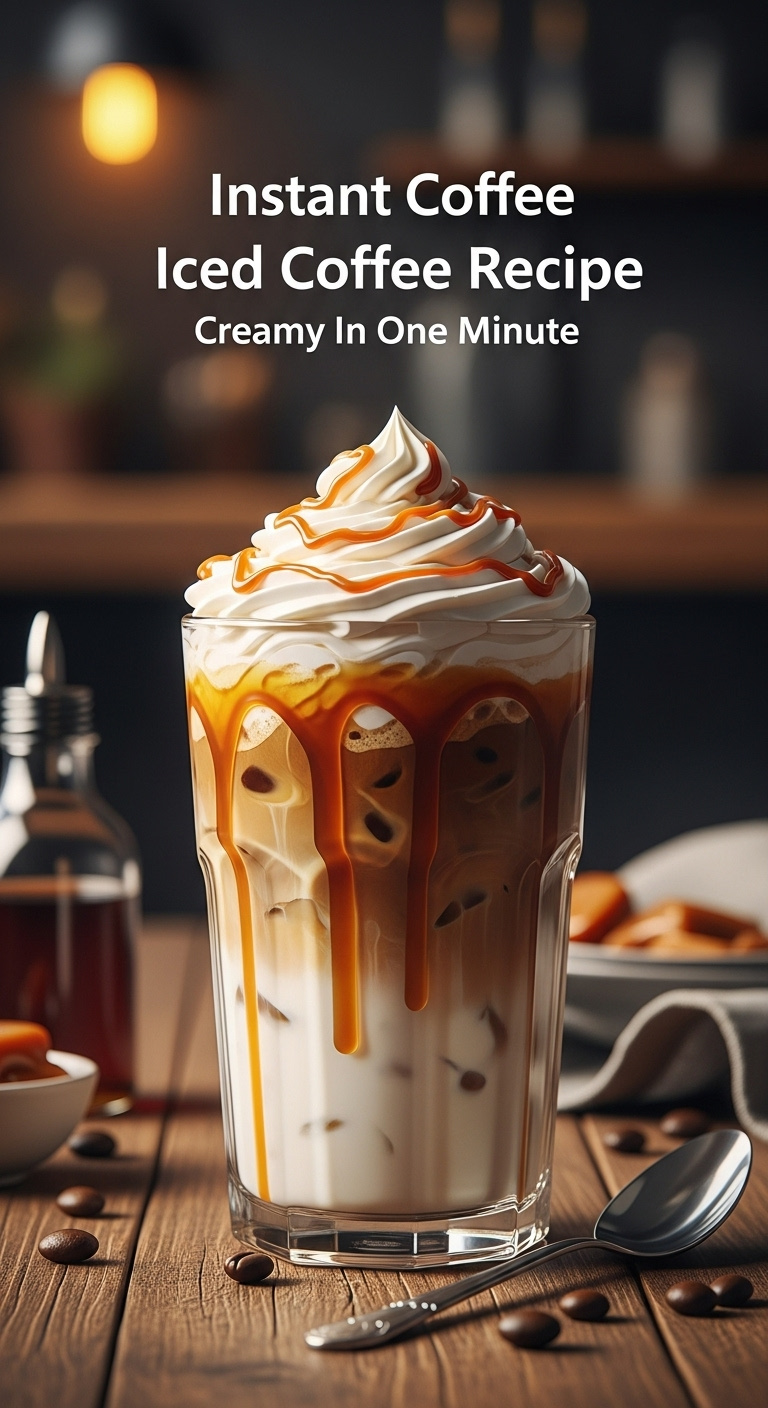 Caramel iced coffee with whipped cream and drizzle in a tall glass on a rustic wood table with a blurred coffee shop background