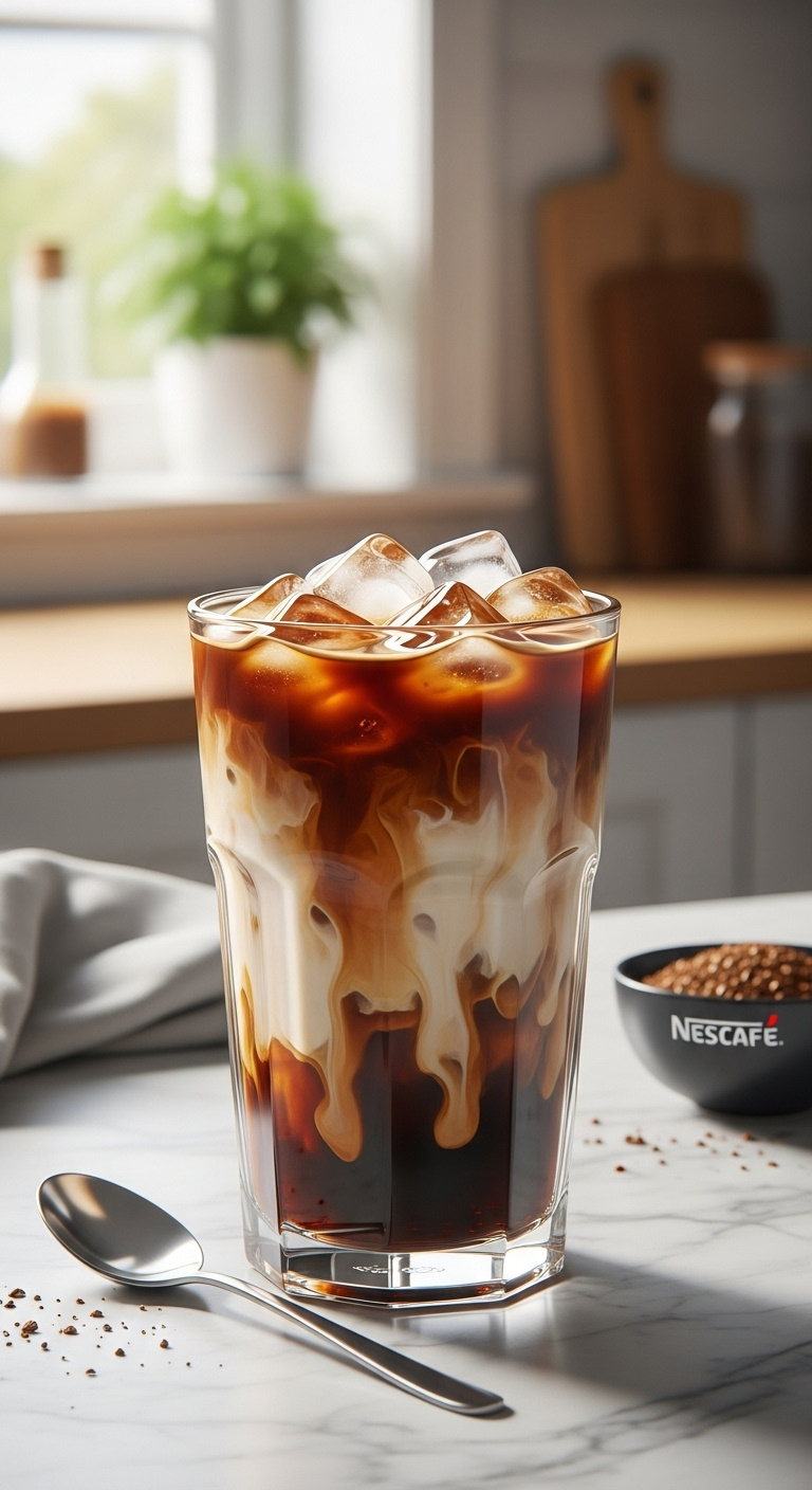 Classic Nescafe iced coffee with creamy layers and ice in a clear glass on a marble counter with a blurred kitchen background