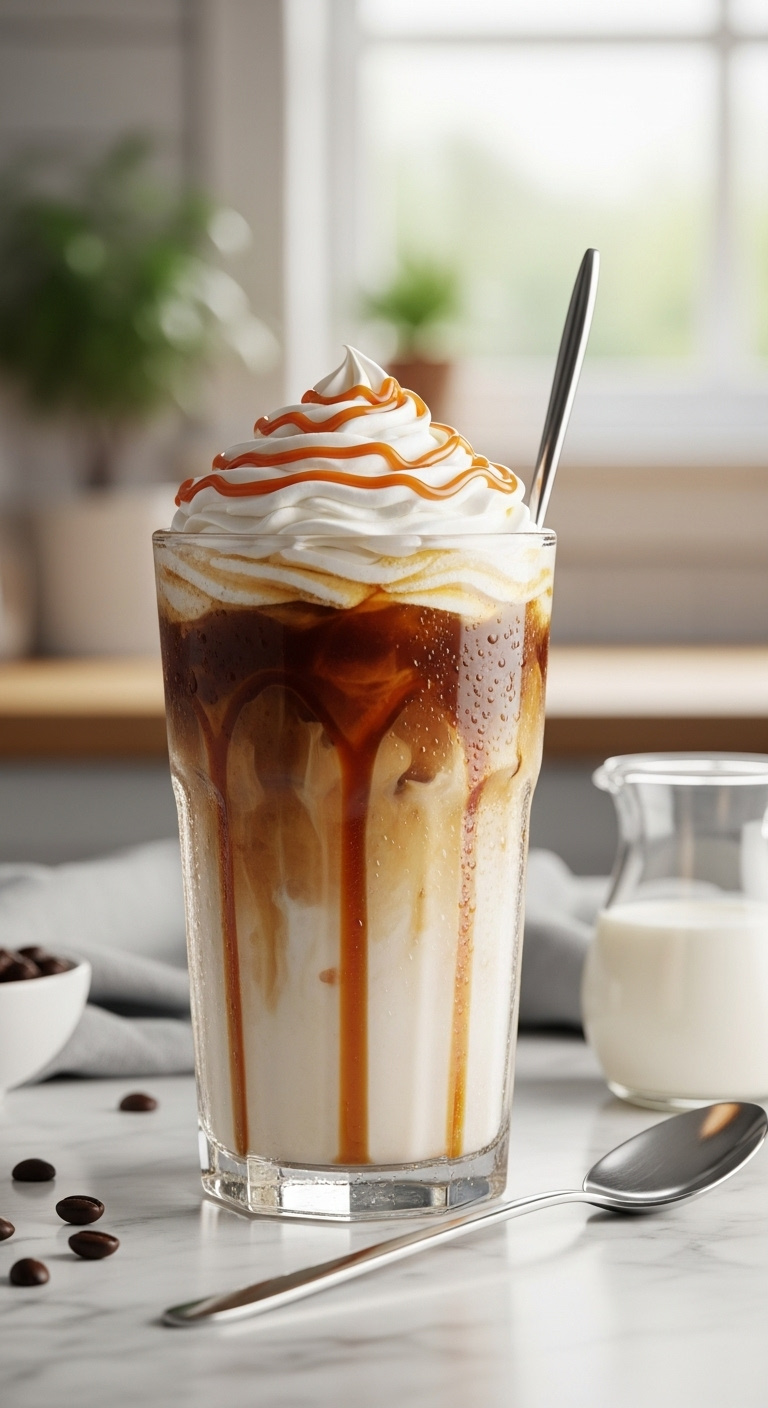 Classic creamy caramel iced coffee with whipped cream and drizzle in an elegant glass on a marble counter with a blurred kitchen background